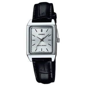 ساعة كاسيو نسائية مستطيلة بحزام جلد أسود ومينا فضي - Casio LTP-V007L-7E1