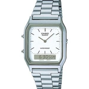 ساعة كاسيو كلاسيكية ستانلس ستيل بمينا أبيض  - Casio AQ-230A-7DMQY