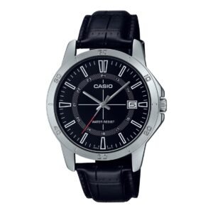 Casio MTP-V004L-1C – ساعة كاسيو أنالوج للرجال بسوار جلد أسود ومينا أسود