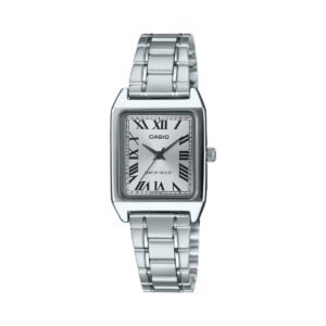 Casio LTP-V007D-7B – ساعة كاسيو أنالوج للنساء مستطيلة بسوار ستانلس ستيل ومينا فضي/أبيض