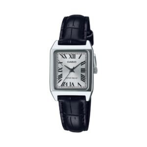 Casio LTP-V007L-7B1 – ساعة كاسيو أنالوج للنساء مستطيلة بسوار جلد أسود ومينا أبيض