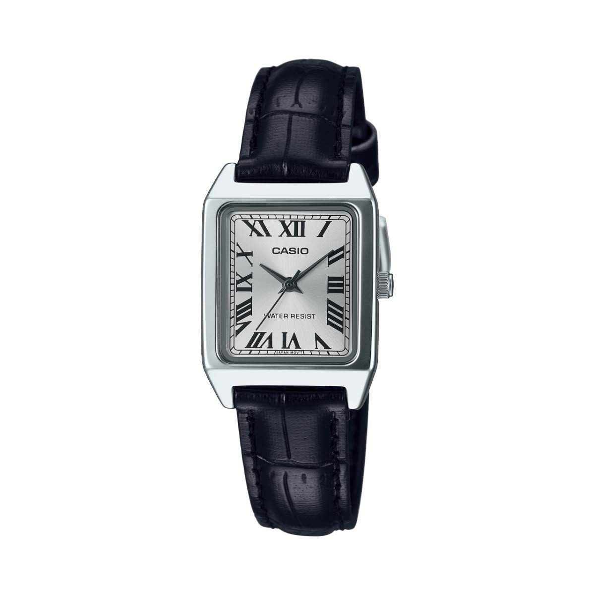 Casio LTP-V007L-7B1 – ساعة كاسيو أنالوج للنساء مستطيلة بسوار جلد أسود ومينا أبيض