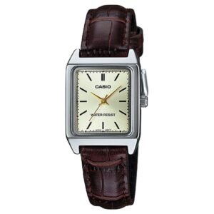 Casio LTP-V007L-9E – ساعة كاسيو أنالوج للنساء بسوار جلد بني ومينا ذهبي