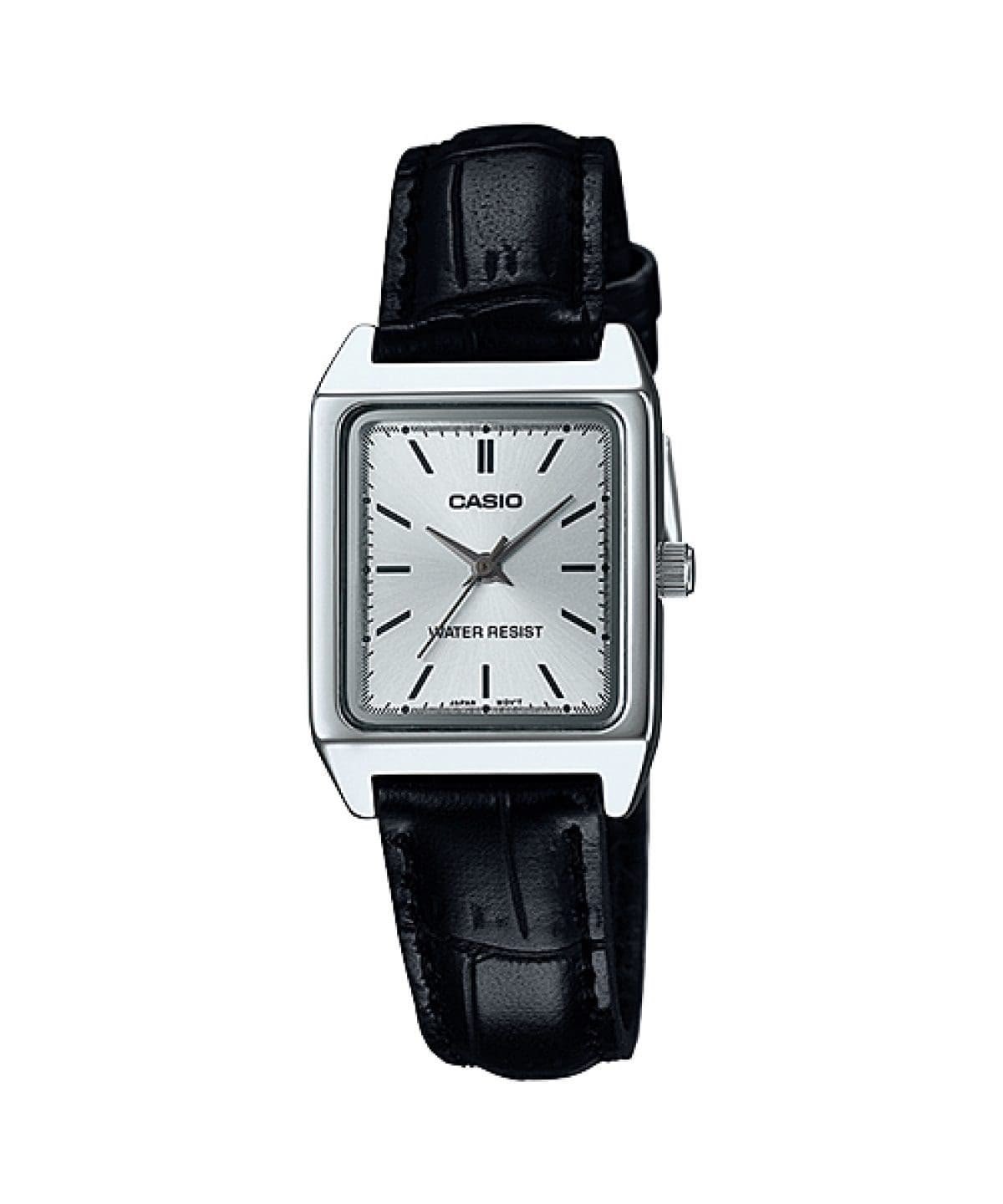 Casio LTP-V007L-7E1 – ساعة كاسيو أنالوج للنساء بسوار جلد أسود ومينا أبيض