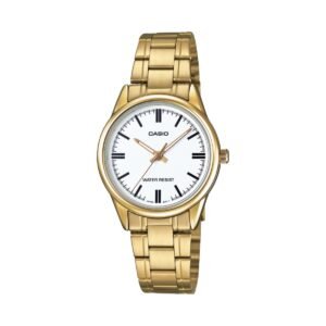 Casio LTP-V005G-7A – ساعة كاسيو أنالوج للنساء بسوار ستانلس ستيل ذهبي ومينا أبيض