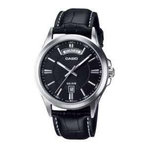 Casio MTP-1381L-1AV – ساعة كاسيو أنالوج للرجال بسوار جلد أسود ومينا أسود مع عرض اليوم والتاريخ