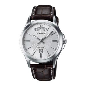 Casio MTP-1381L-7AV – ساعة كاسيو أنالوج للرجال بسوار جلد بني ومينا فضي مع عرض اليوم والتاريخ