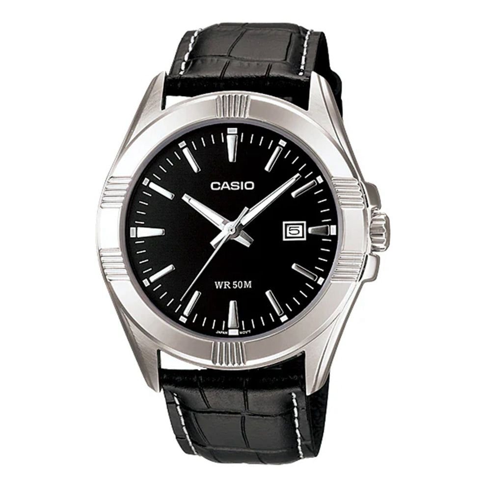 Casio MTP-1308L-1AVDF – ساعة كاسيو أنالوج للرجال بسوار جلد أسود ومينا أسود