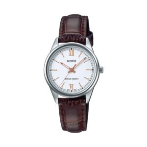 Casio LTP-V005L-7B3 - ساعة كاسيو نسائية جلد بني مينا أبيض