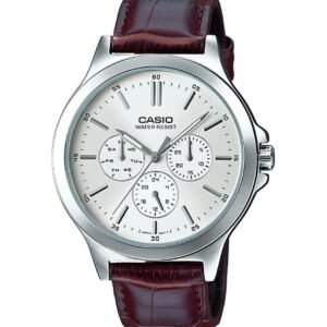 Casio MTP-V300L-7A - ساعة كاسيو رجالية متعددة الوظائف جلد بني مينا أبيض
