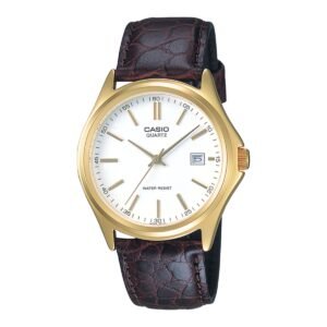 Casio MTP-1183Q-7A - ساعة كاسيو رجالية إطار ذهبي جلد بني مينا أبيض
