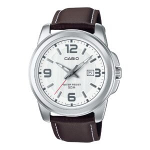 Casio MTP-1314L-7AV – ساعة كاسيو رجالية كلاسيك جلد بني مينا أبيض/فضي