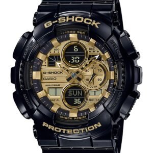 CASIO GA-140GB-1A1DR - ساعة كاسيو رجالية جي شوك أسود لامع بلمسات ذهبية