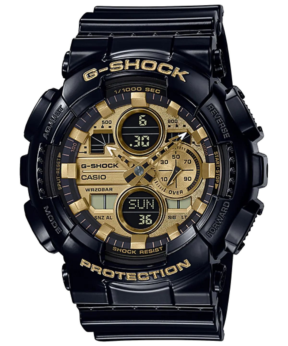 CASIO GA-140GB-1A1DR - ساعة كاسيو رجالية جي شوك أسود لامع بلمسات ذهبية