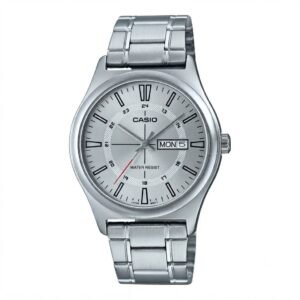 CASIO MTP-V006D-7C - ساعة رجالية ستانلس ستيل مينا أبيض مع يوم وتاريخ