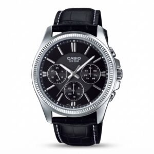 CASIO MTP-1375L-1AV - ساعة رجالية حزام جلد مينا أسود مع متعدد أجهزة العرض