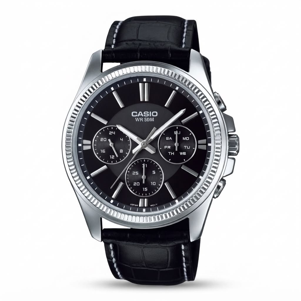 CASIO MTP-1375L-1AV - ساعة رجالية حزام جلد مينا أسود مع متعدد أجهزة العرض