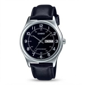 CASIO MTP-V006L-1B2 - ساعة رجالية حزام جلد مينا أسود مع يوم وتاريخ