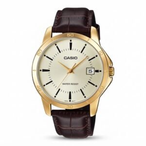 CASIO MTP-V004GL-9A - ساعة رجالية حزام جلد مينا ذهبي مع تاريخ