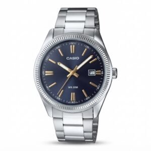 CASIO MTP-1302D-1A2V - ساعة رجالية ستانلس ستيل مينا أسود مع تاريخ ومؤشرات ذهبية