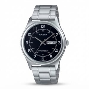 CASIO MTP-V006D-1C - ساعة رجالية ستانلس ستيل مينا أسود مع يوم وتاريخ