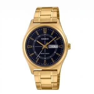 Casio MTP-V006G-1C - ساعة كاسيو كلاسيكية للرجال بسوار معدني ذهبي ومينا أسود