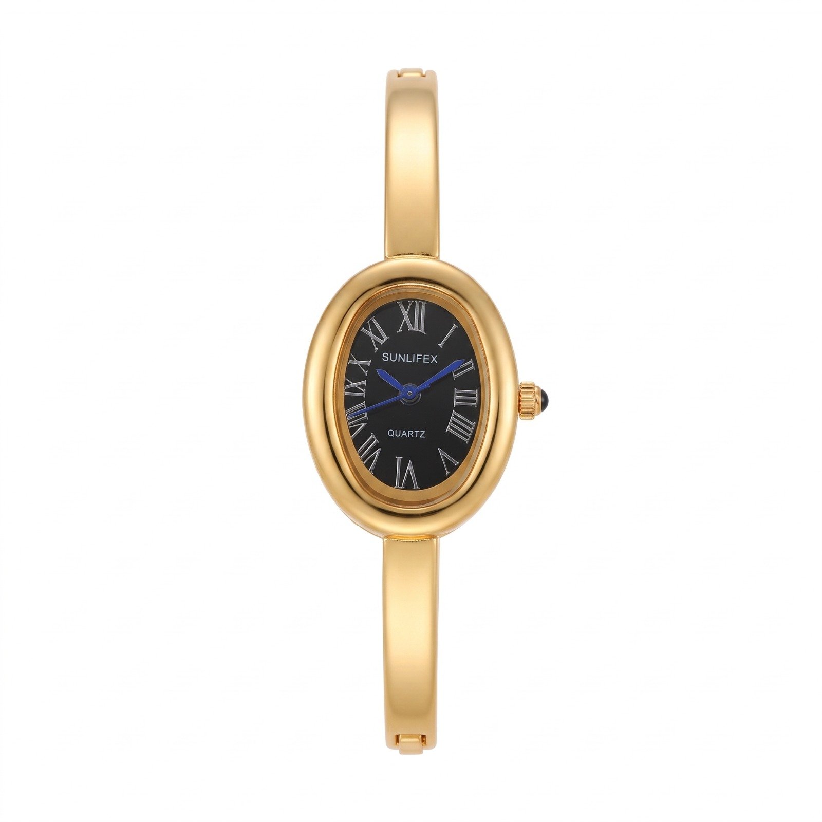 Sunlifex SFX-Gold-Black - ساعة صن لايفكس نسائية أنيقة بتصميم سوار ذهبي ومينا بيضاوي أسود