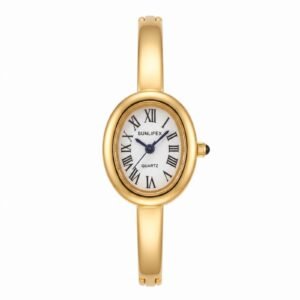 Sunlifex SFX-Gold-White - ساعة صن لايفكس نسائية أنيقة بتصميم سوار ذهبي ومينا بيضاوي أبيض