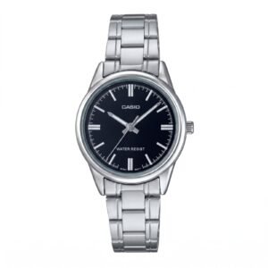 Casio LTP-V005D-1A - ساعة كاسيو كلاسيكية للنساء بسوار فضي من الستانلس ستيل ومينا أسود