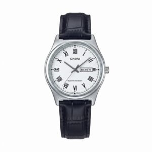 Casio MTP-V006L-7B - ساعة كاسيو كلاسيكية للرجال بسوار جلدي أسود ومينا أبيض بأرقام رومانية