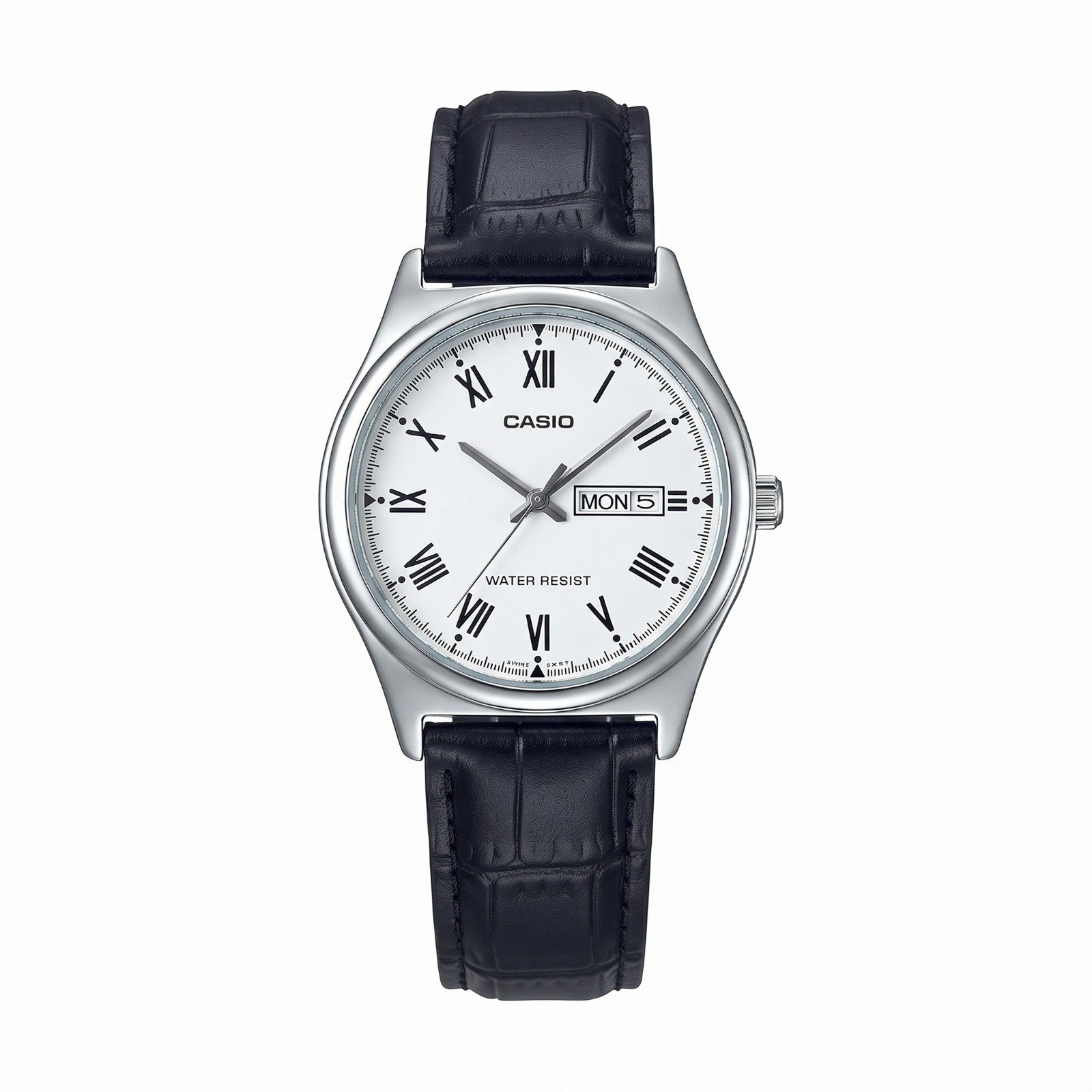 Casio MTP-V006L-7B - ساعة كاسيو كلاسيكية للرجال بسوار جلدي أسود ومينا أبيض بأرقام رومانية
