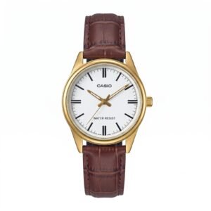 Casio MTP-V005GL-7B - ساعة كاسيو الأصلية الكلاسيكية للرجال بسوار جلد بني ومينا أبيض