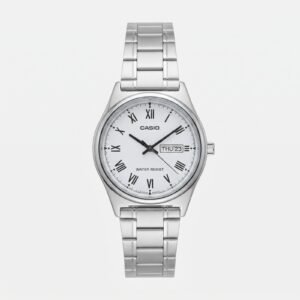 Casio MTP-V006D-7B - ساعة كاسيو كلاسيكية للرجال بسوار ستانلس ستيل ومينا أبيض بأرقام رومانية