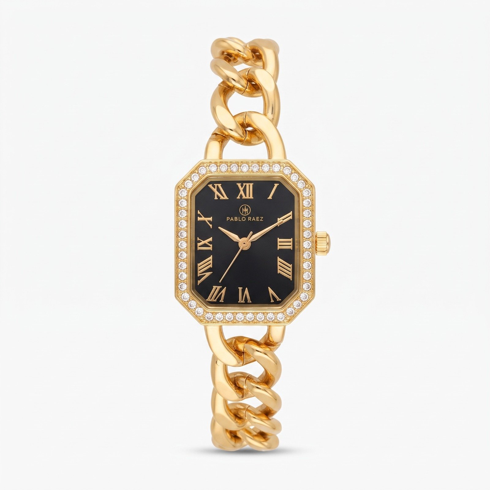 Pablo Raez PR-Chain-Gold-Black - ساعة بابلو رايز نسائية فاخرة باللون الذهبي ومينا أسود مرصعة بالكريستال