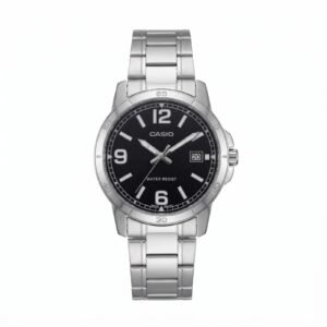 Casio MTP-VD01D-1E - ساعة كاسيو الأصلية الرياضية للرجال بسوار ستانلس ستيل ومينا أسود