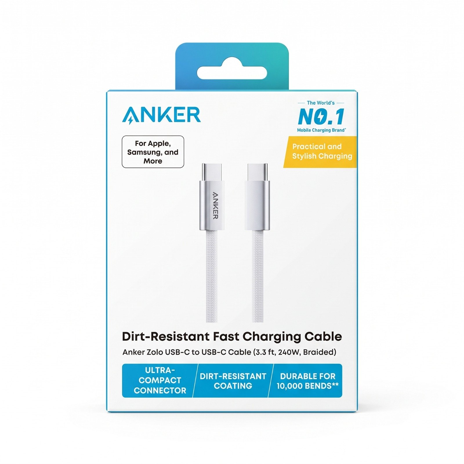 Anker Zolo USB-C to USB-C Fast Charging Cable (3.3 ft, 240W, Braided) - كيبل شحن سريع أنكر زولو من نوع C إلى نوع C