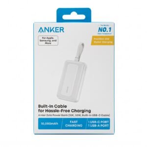 Anker Zolo Power Bank (10K, 30W, Built-In USB-C Cable) - باور بانك أنكر زولو بسعة 10,000 ملي أمبير مع كيبل Type-C مدمج   وقوة 30 واط